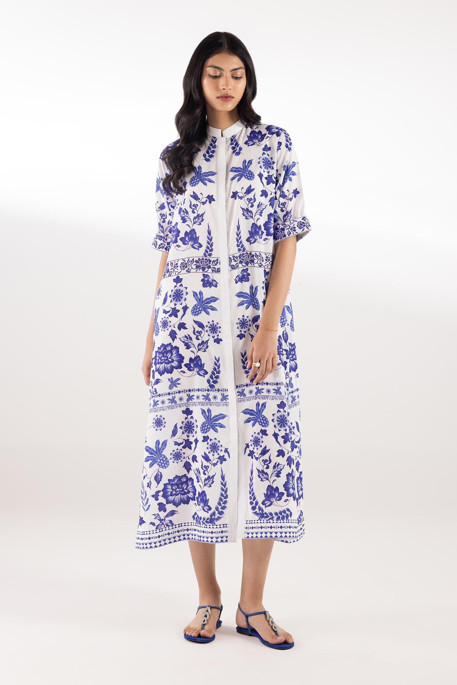 Stitched Printed White & Blue Dress Stitched Printed White & Blue Dress