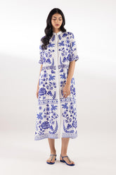 Stitched Printed White & Blue Dress