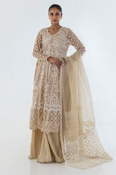 Stitched Beige Embroidered Shirt + Plazo + Dupatta