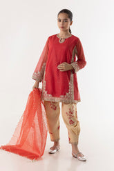 Stitched Red Embroidered Shirt + Bottom + Dupatta