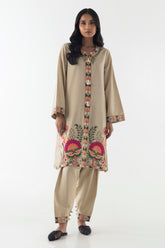 Stitched Beige Embroidered Shirt + Shalwar