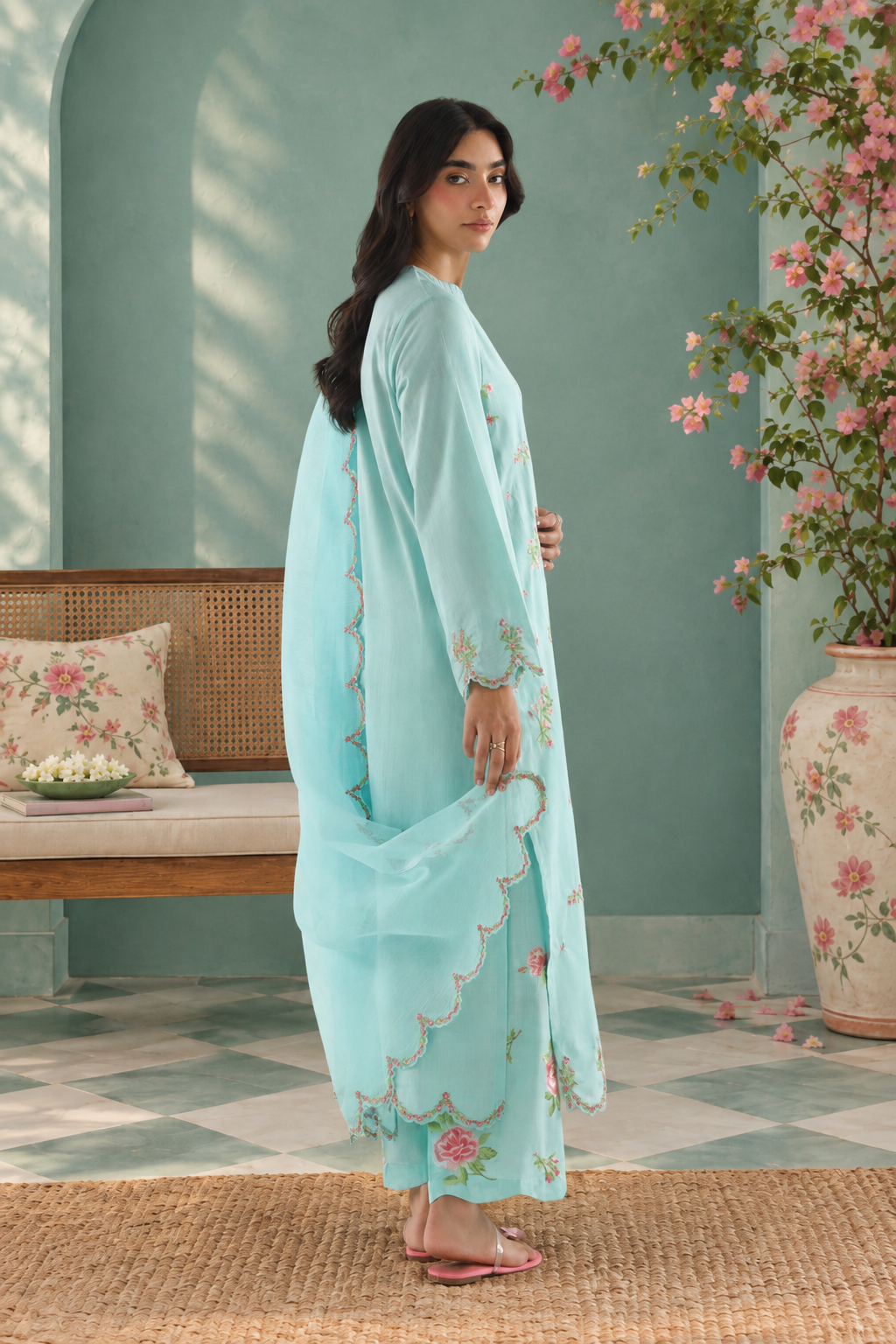 Stitched Embroidered Slub Lawn Suit