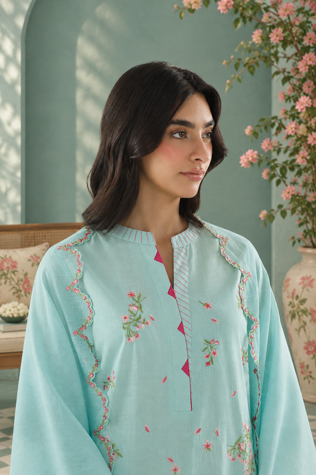Stitched Embroidered Slub Lawn Suit