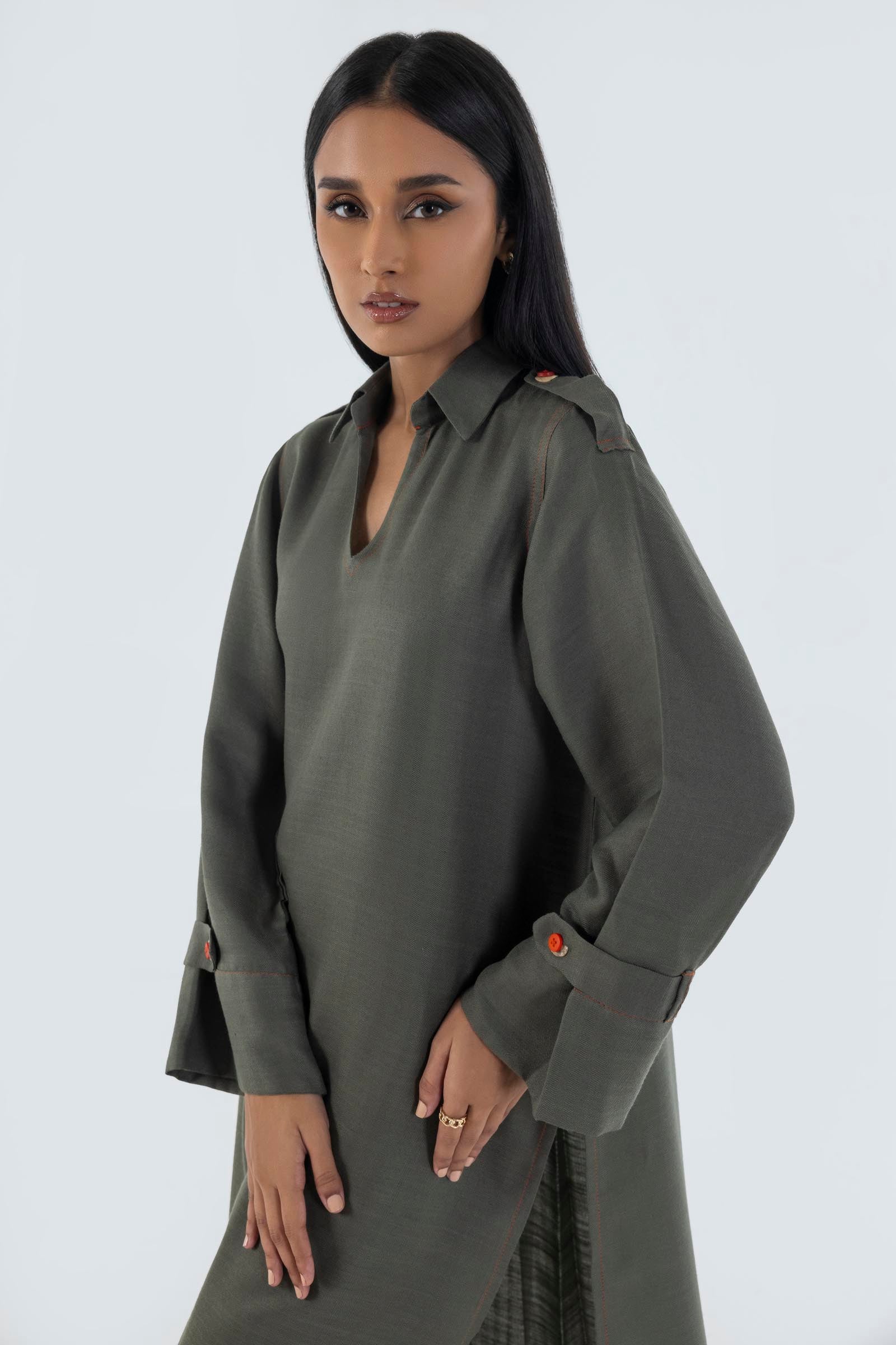 Stitched Olive Printed Shirt + Culotte