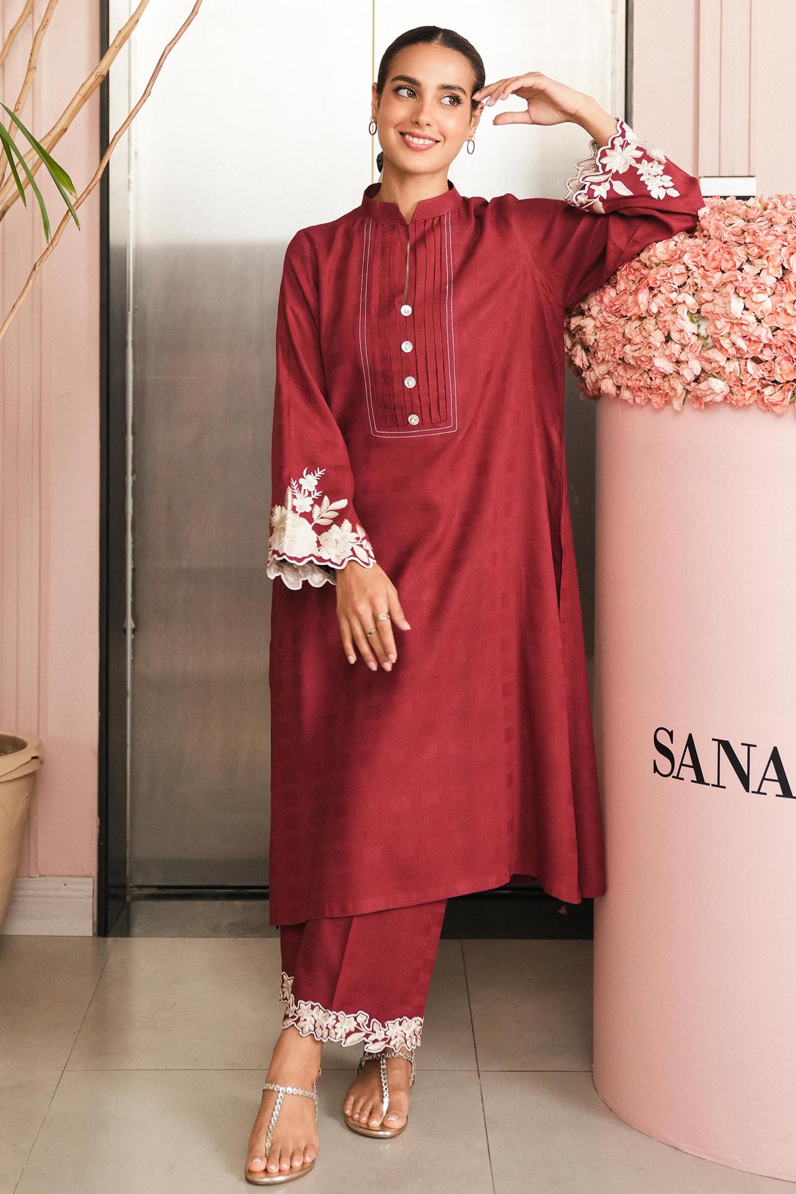 Stitched Maroon Embroidered Shirt + Culotte