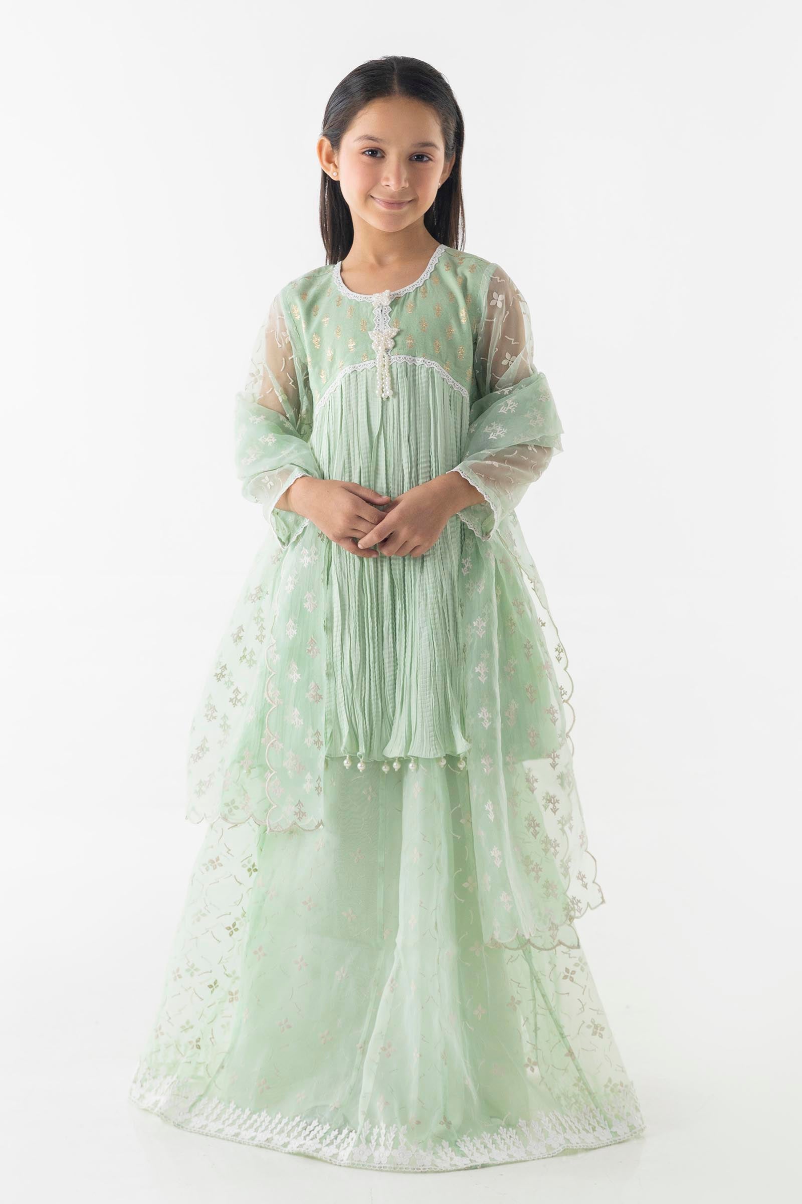 Stitched Kids Light Green Printed Frock + Lehnga + Dupatta Main image