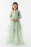 Stitched Kids Light Green Printed Frock + Lehnga + Dupatta