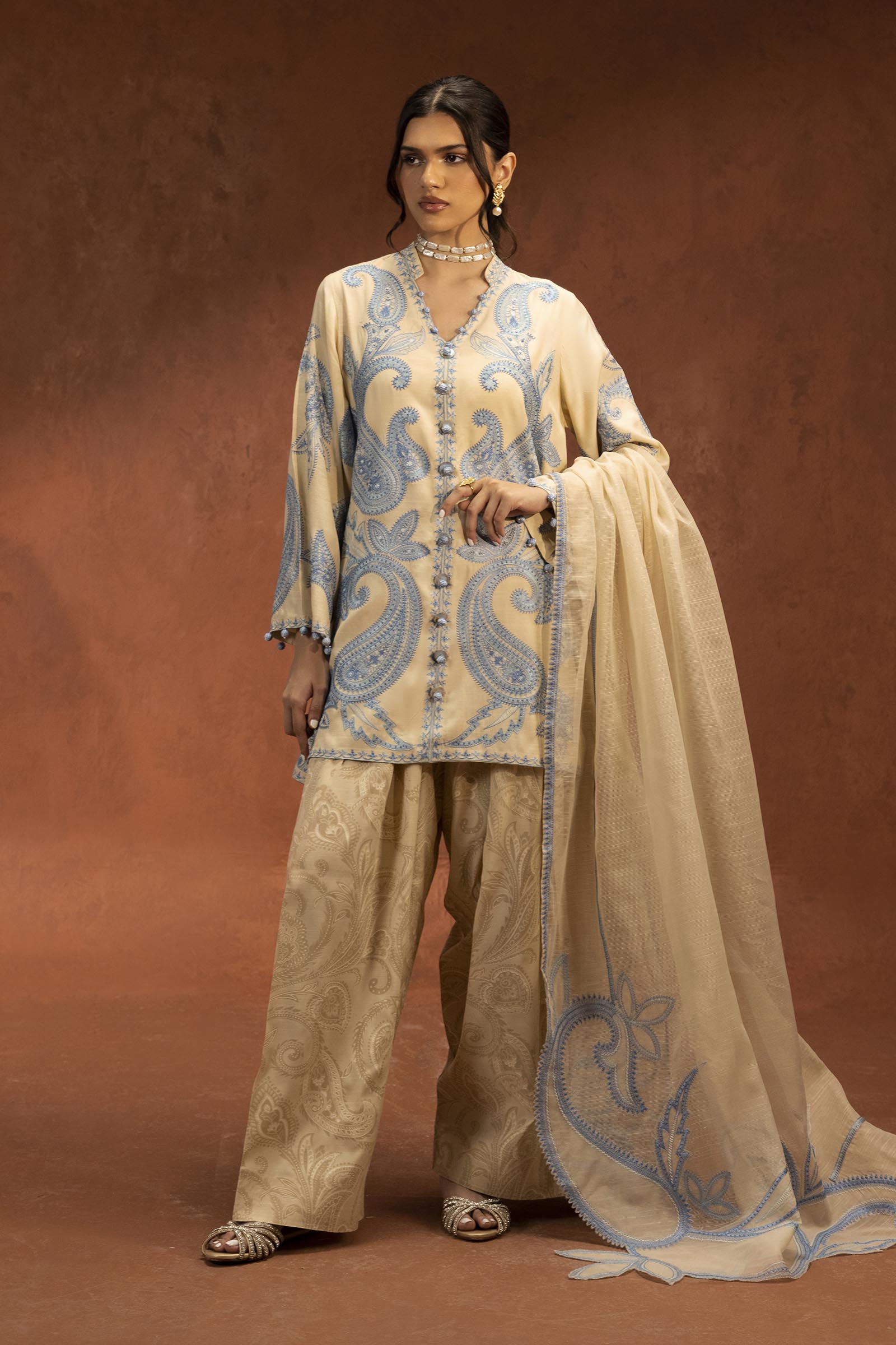 Stitched Embroidered Raw Silk Suit Main image