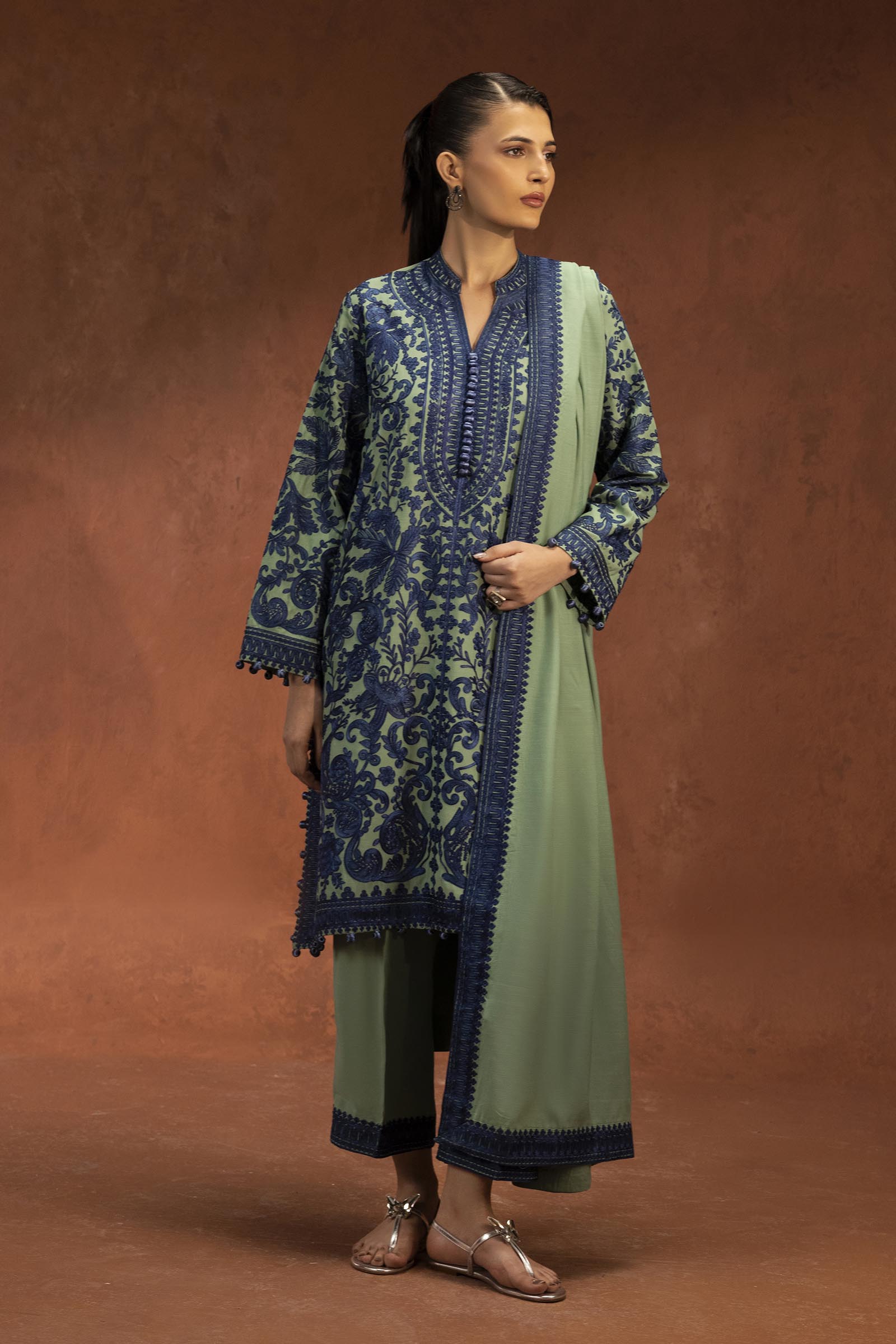 Stitched Embroidered Raw Silk Suit Main image