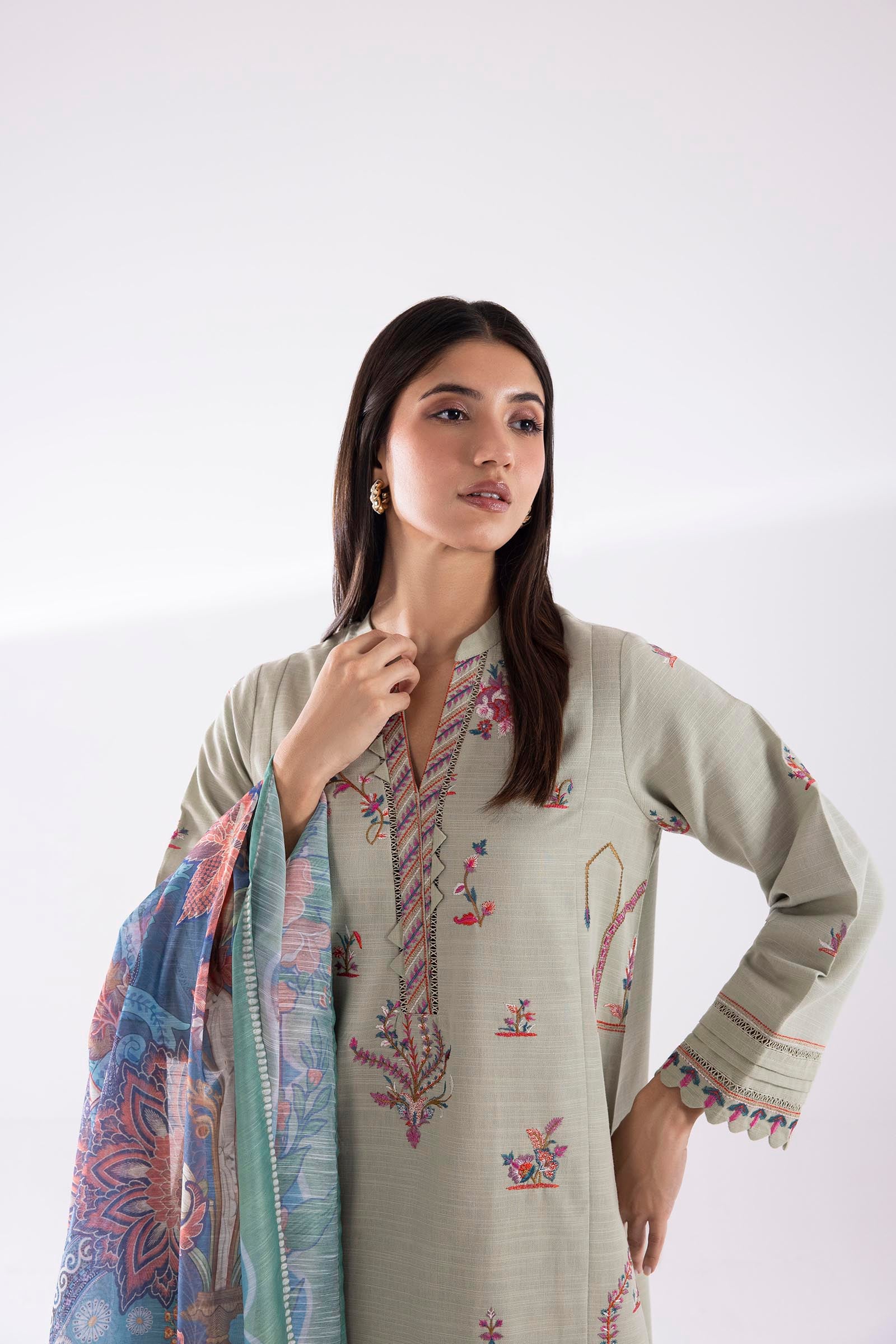 Stitched Embroidered Khaddar Slub Shirt + Culotte Secondary image