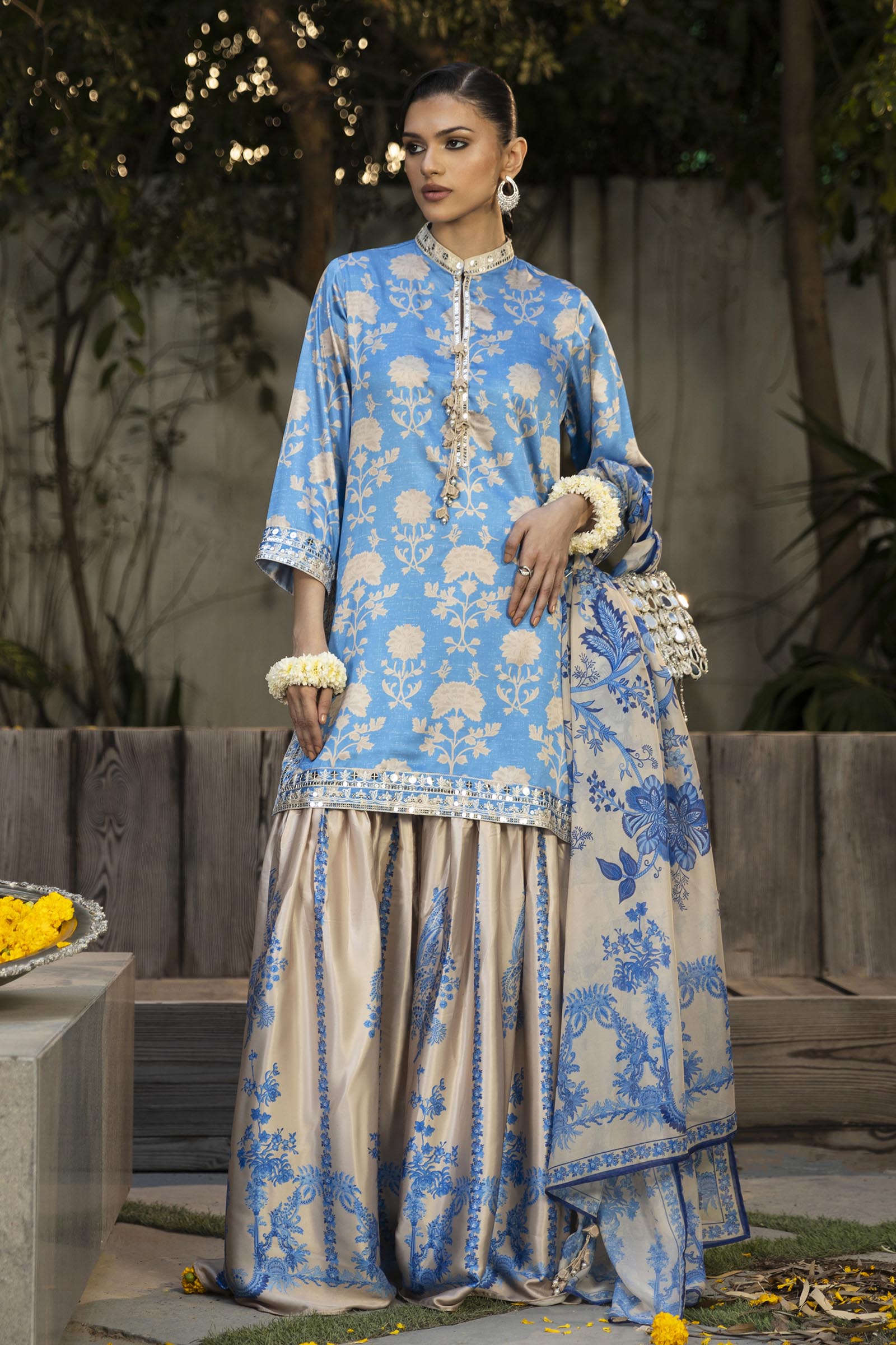 Stitched Embroidered Satin Shirt + Gharara + Dupatta Main image