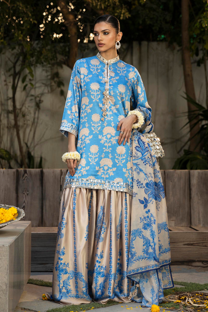 Stitched Embroidered Satin Shirt + Gharara + Dupatta