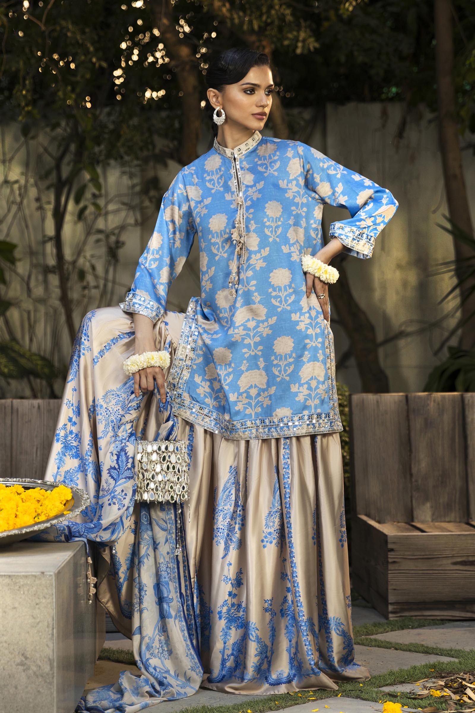 Stitched Embroidered Satin Shirt + Gharara + Dupatta Secondary image