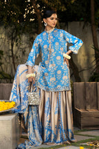 Stitched Embroidered Satin Shirt + Gharara + Dupatta