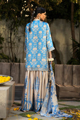 Stitched Embroidered Satin Shirt + Gharara + Dupatta