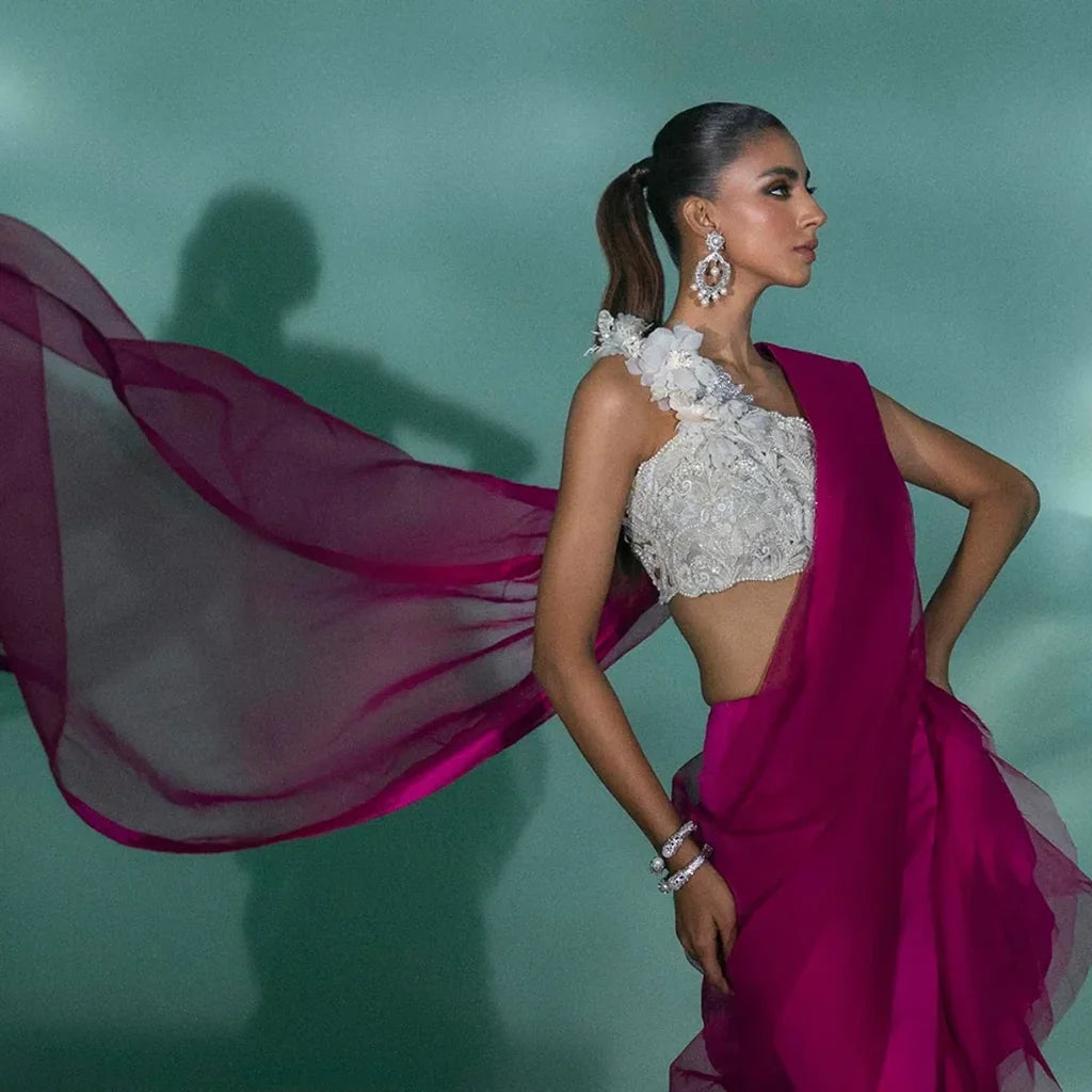 Fusia Pink Saree White Choli (P-272)