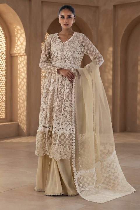 Stitched Beige Embroidered Shirt + Plazo + Dupatta