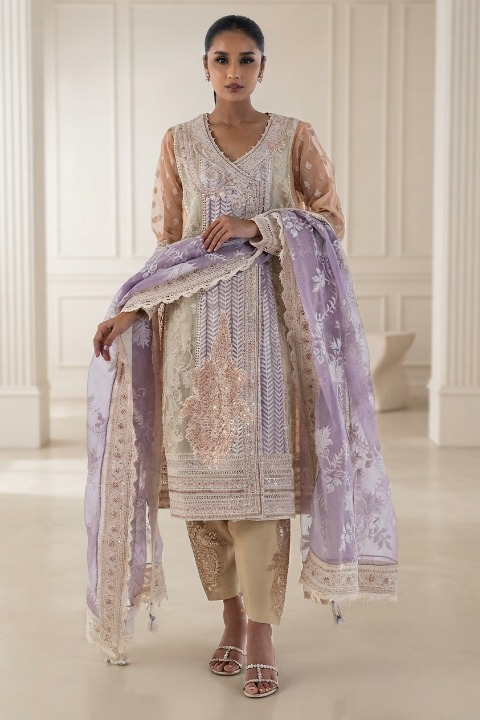 Stitched Angrakha Embroidered Shirt + Shalwar + Dupatta Main image