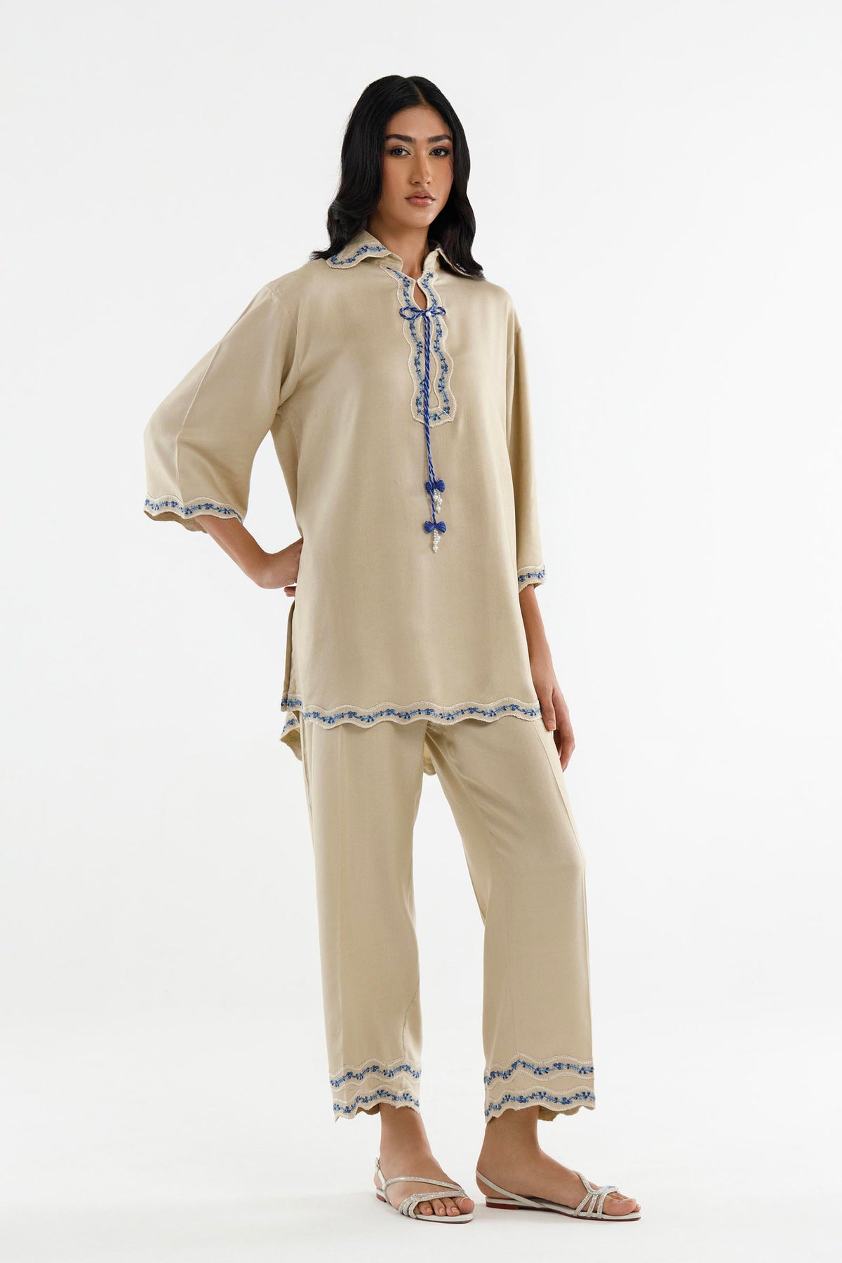 Stitched Embroidered Herringbone Shirt+ Culotte