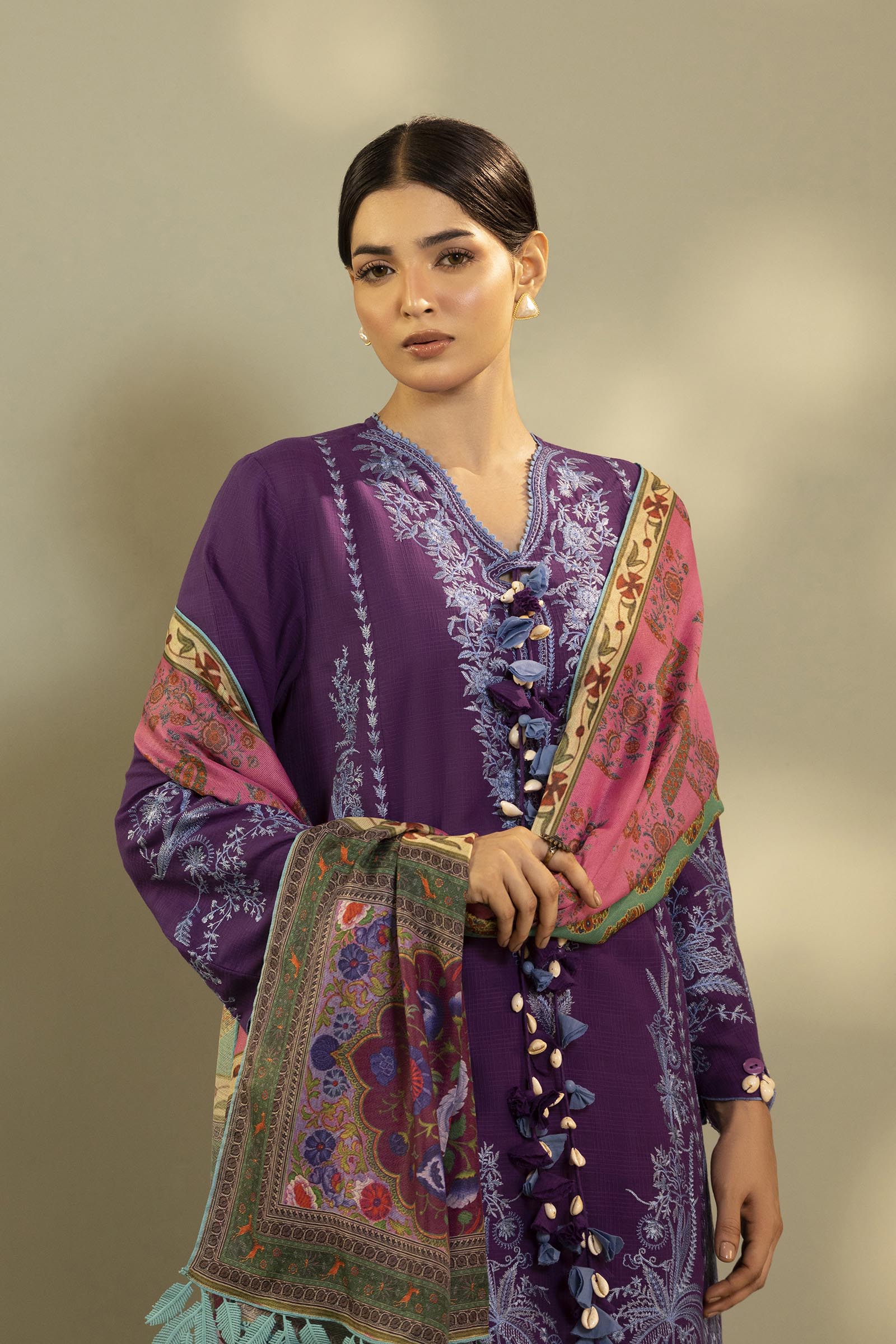Unstitched Embroidered 3 Piece Muzlin Suit Secondary image