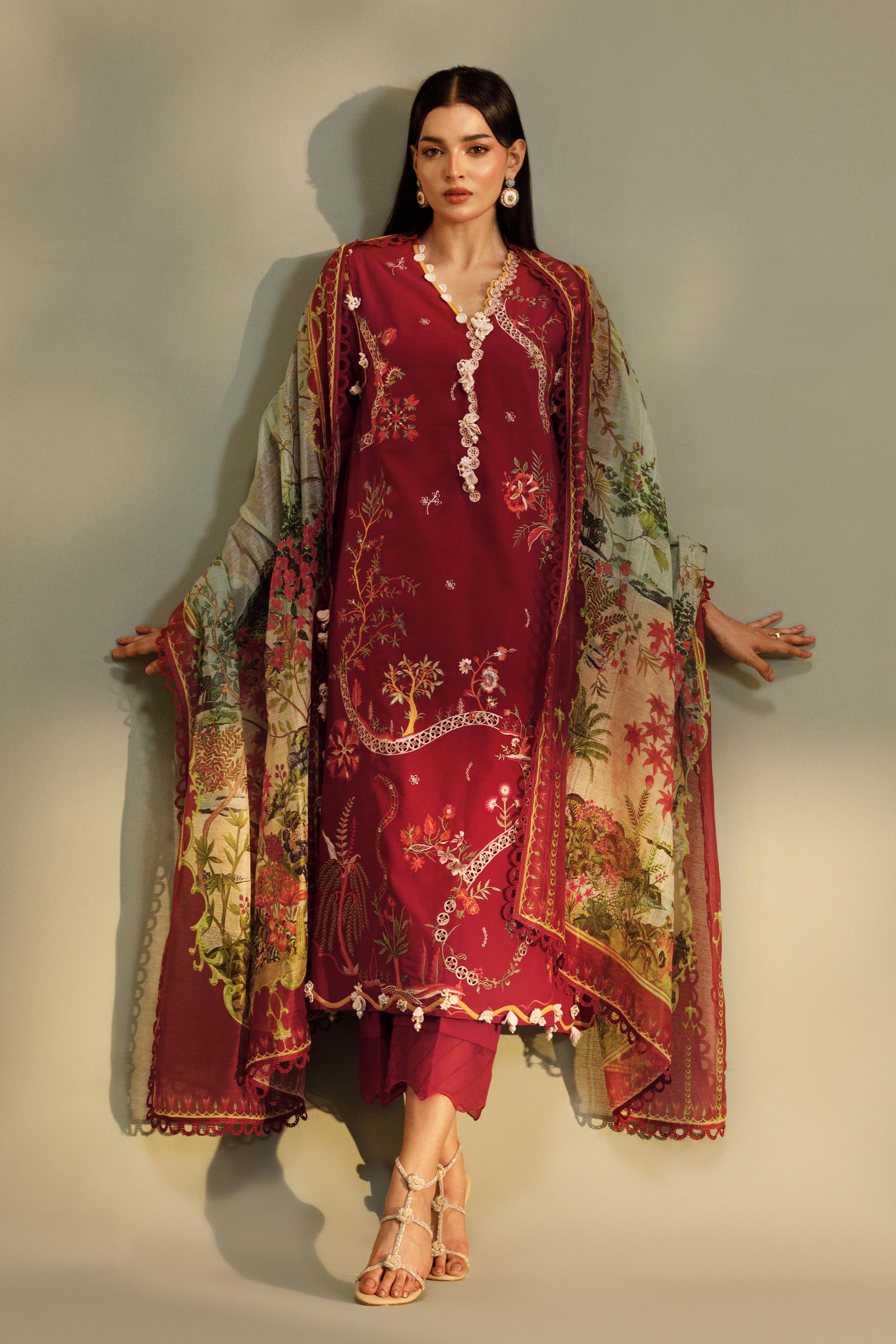 Unstitched Embroidered 3 Piece Muzlin Suit