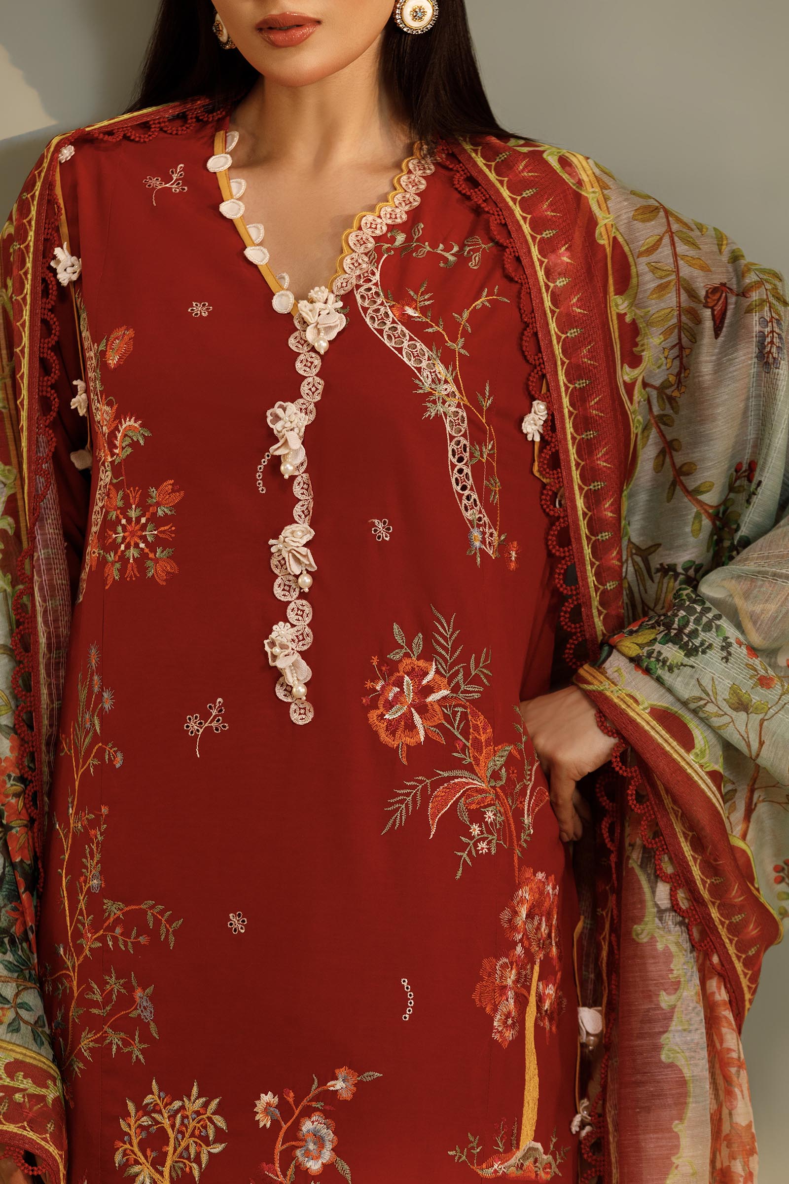 Unstitched Embroidered 3 Piece Muzlin Suit
