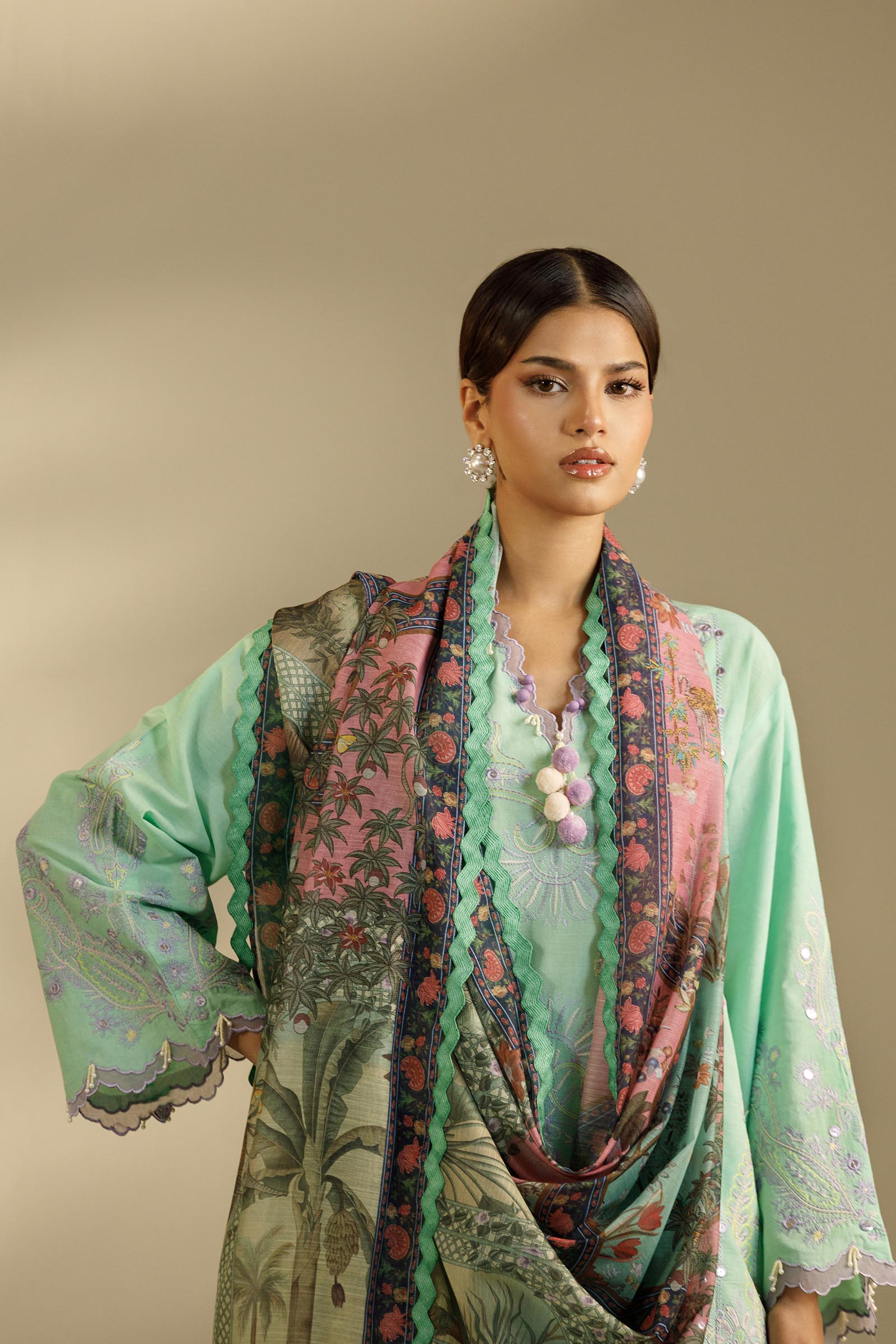 Unstitched Embroidered 3 Piece Muzlin Suit Secondary image