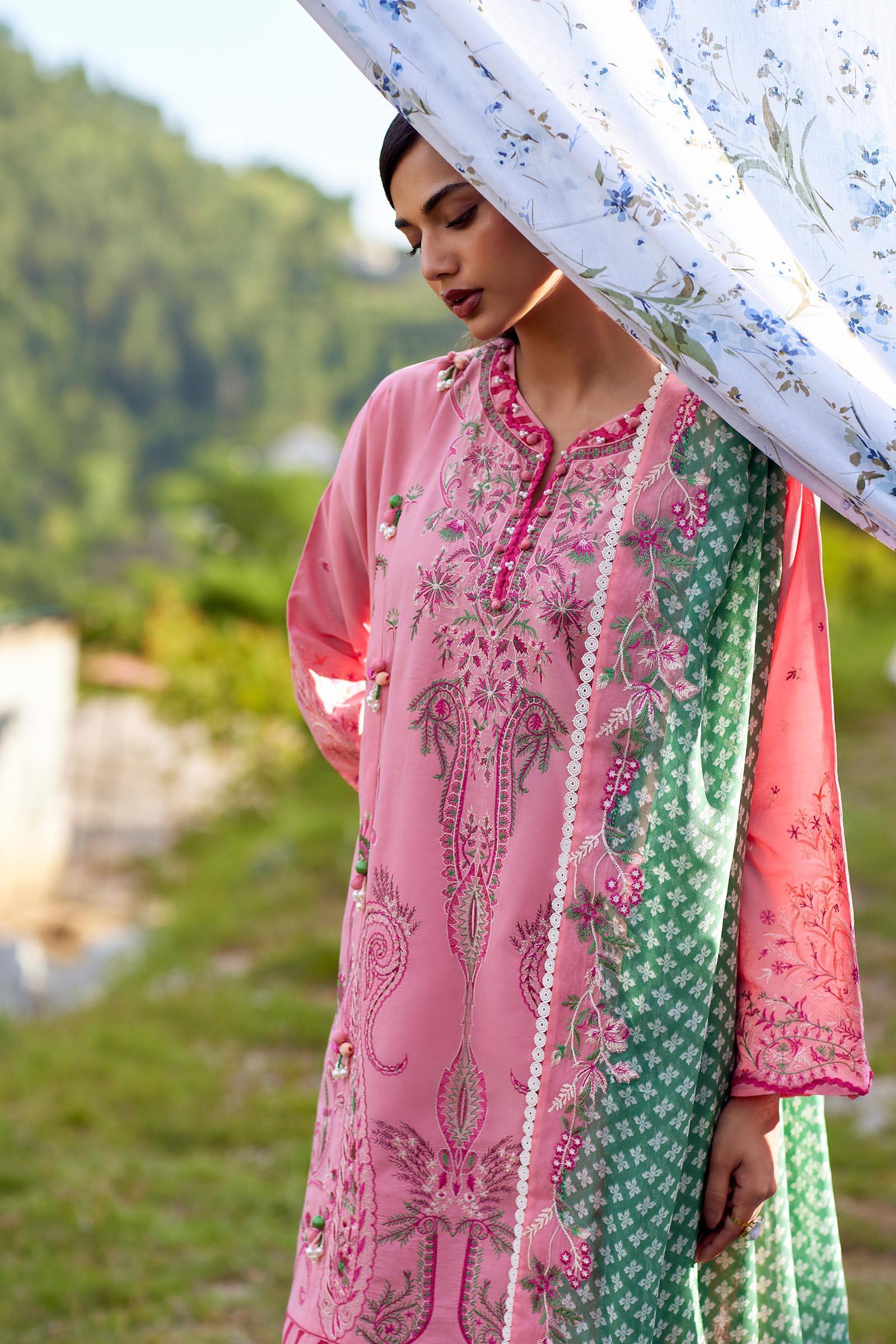 Unstitched Embroidered 3 Piece Muzlin Suit Secondary image