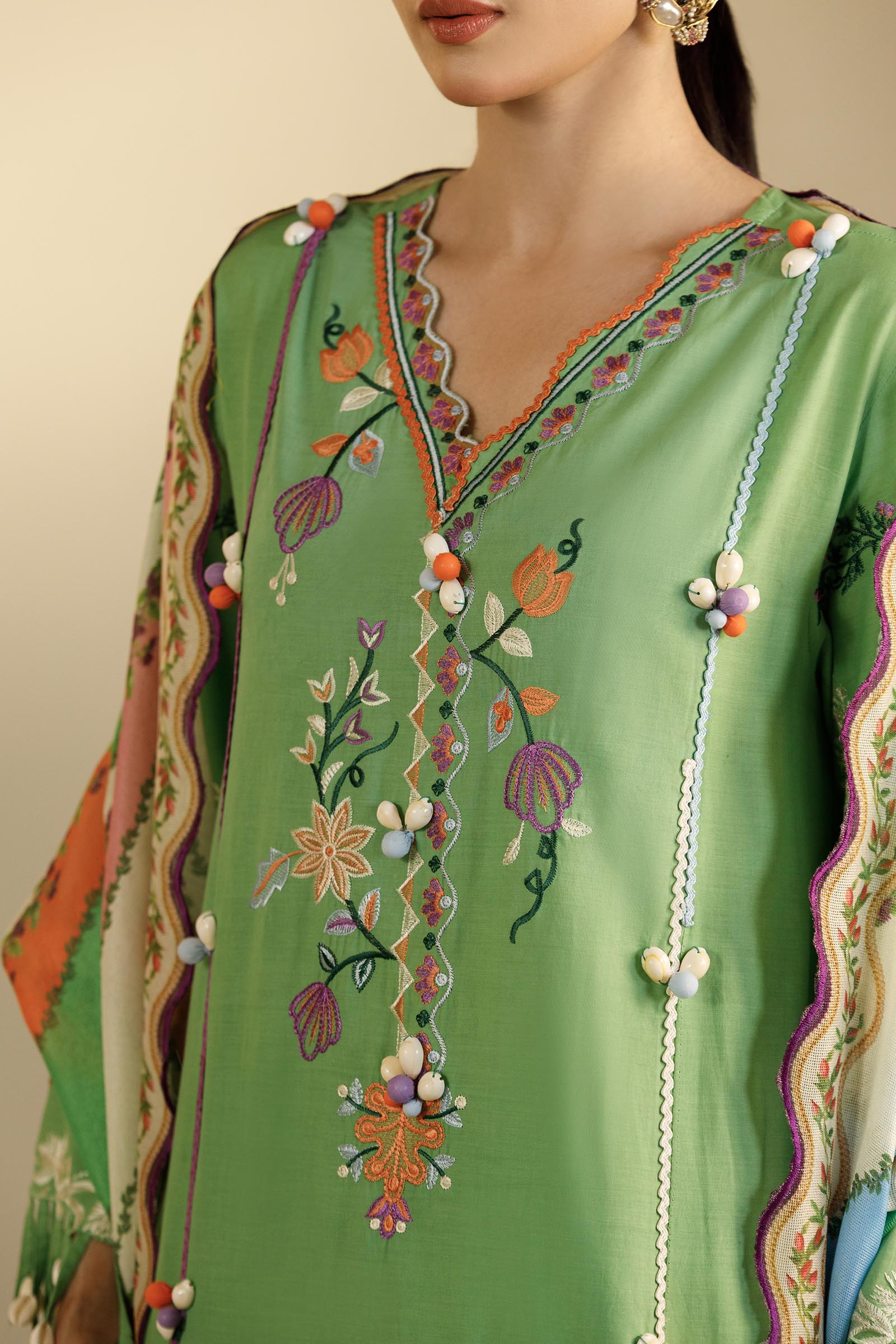 Unstitched Embroidered 3 Piece Muzlin Suit