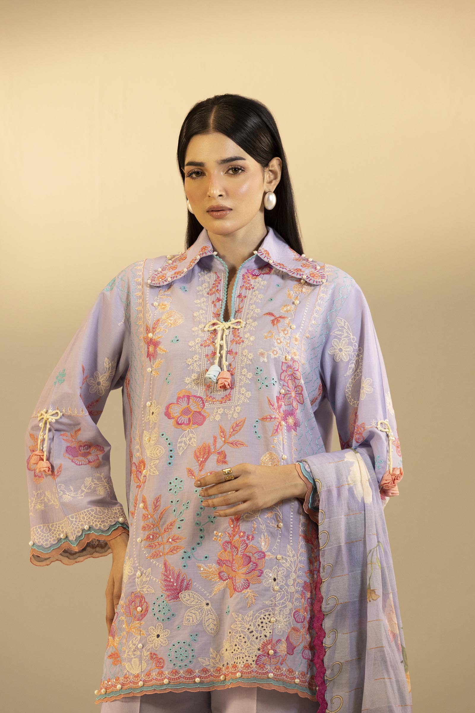 Unstitched Embroidered 3 Piece Muzlin Suit Secondary image