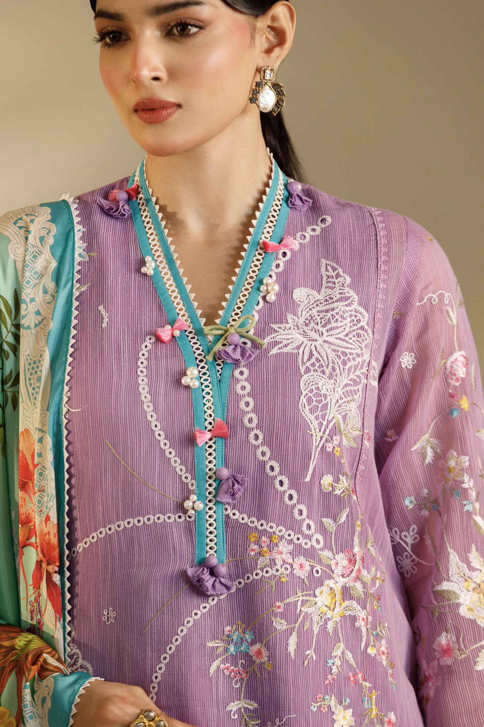 Unstitched Embroidered 3 Piece Muzlin Suit Secondary image