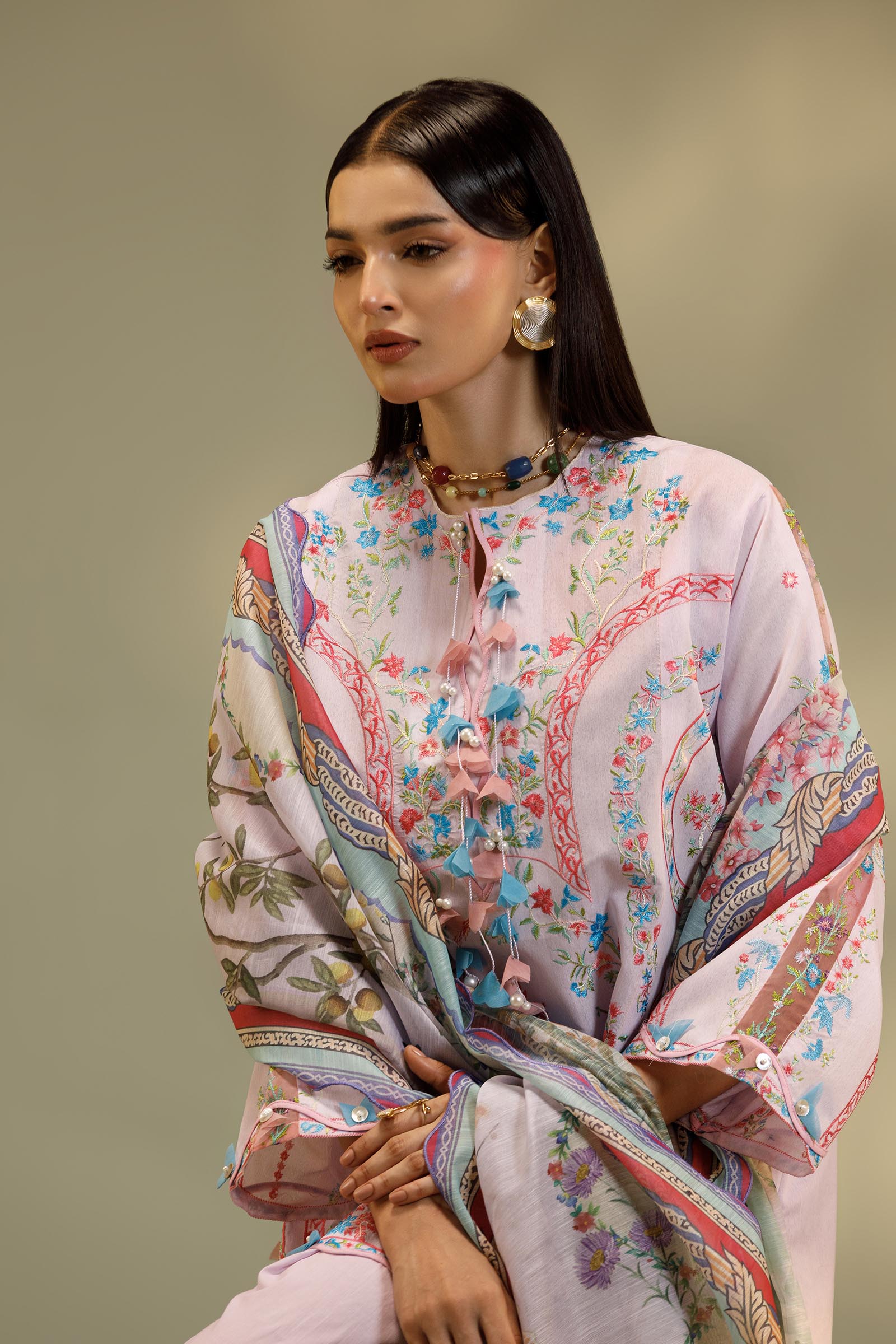 Unstitched Embroidered 3 Piece Muzlin Suit Secondary image