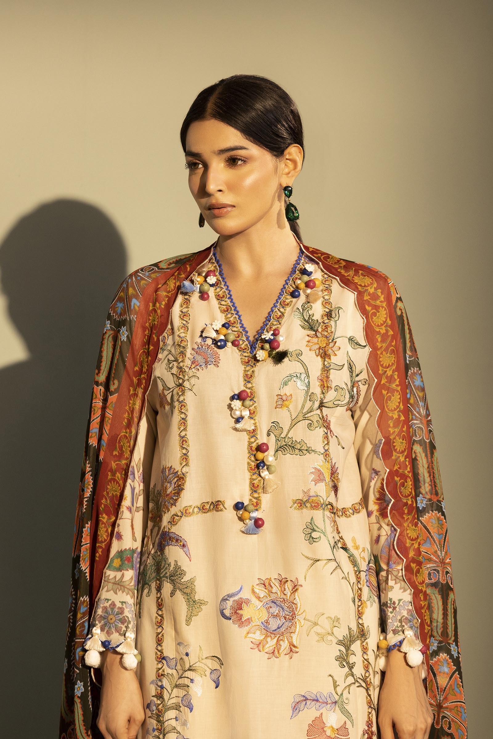 Unstitched Embroidered 3 Piece Muzlin Suit Secondary image