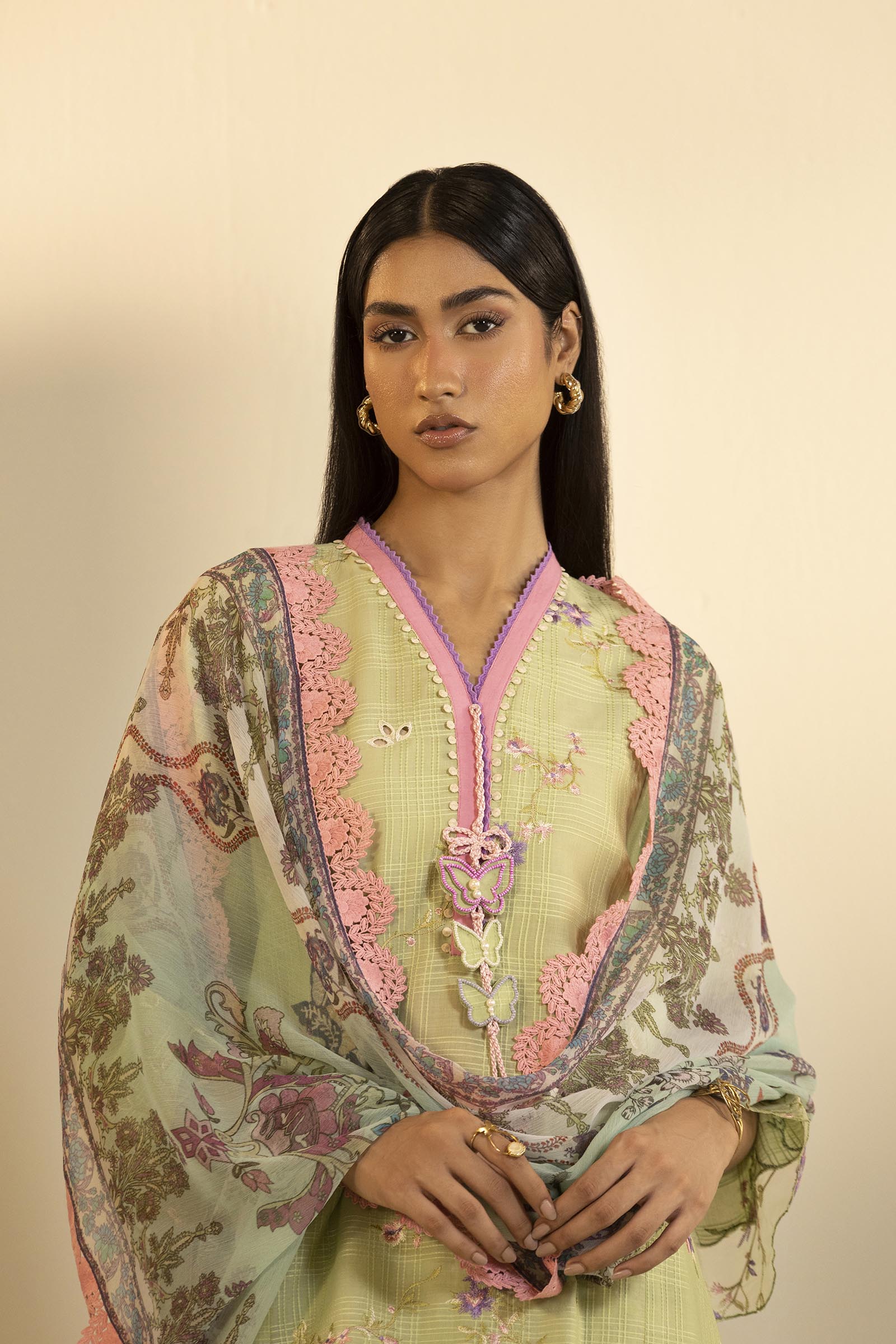 Unstitched Embroidered 3 Piece Muzlin Suit Secondary image