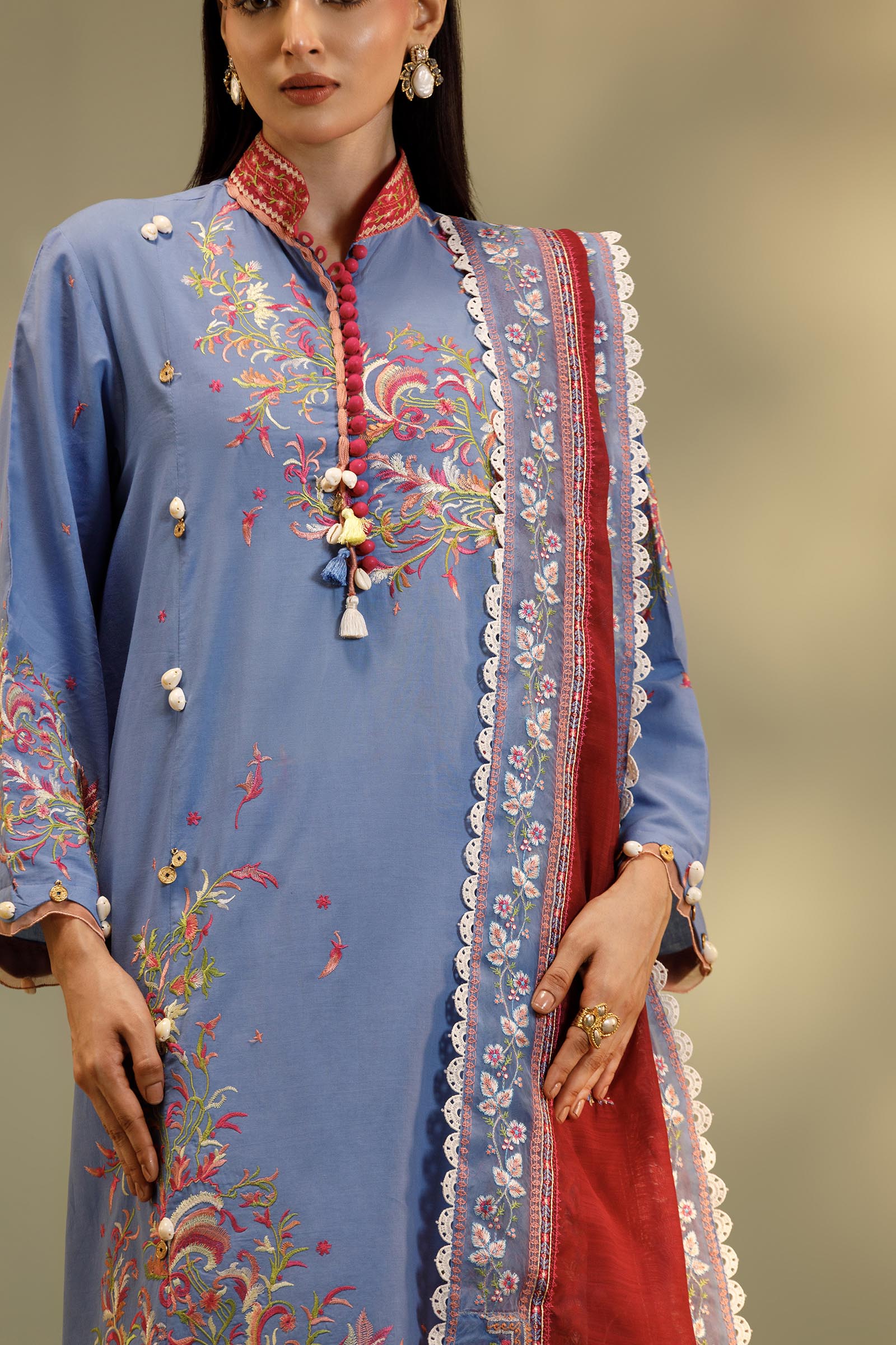 Unstitched Embroidered 3 Piece Muzlin Suit Secondary image