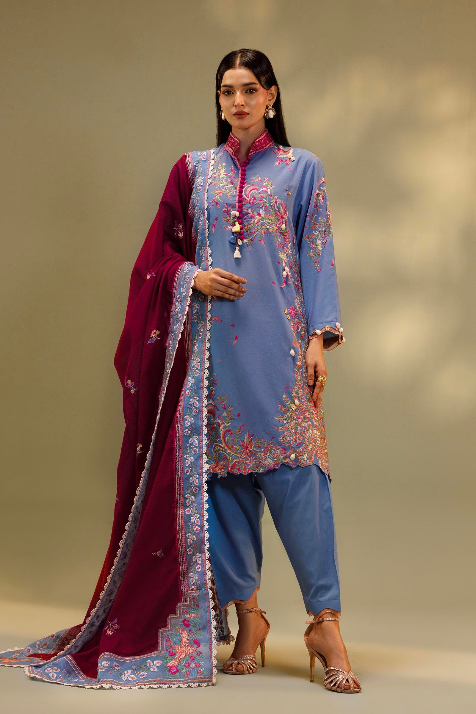 Unstitched Embroidered 3 Piece Muzlin Suit