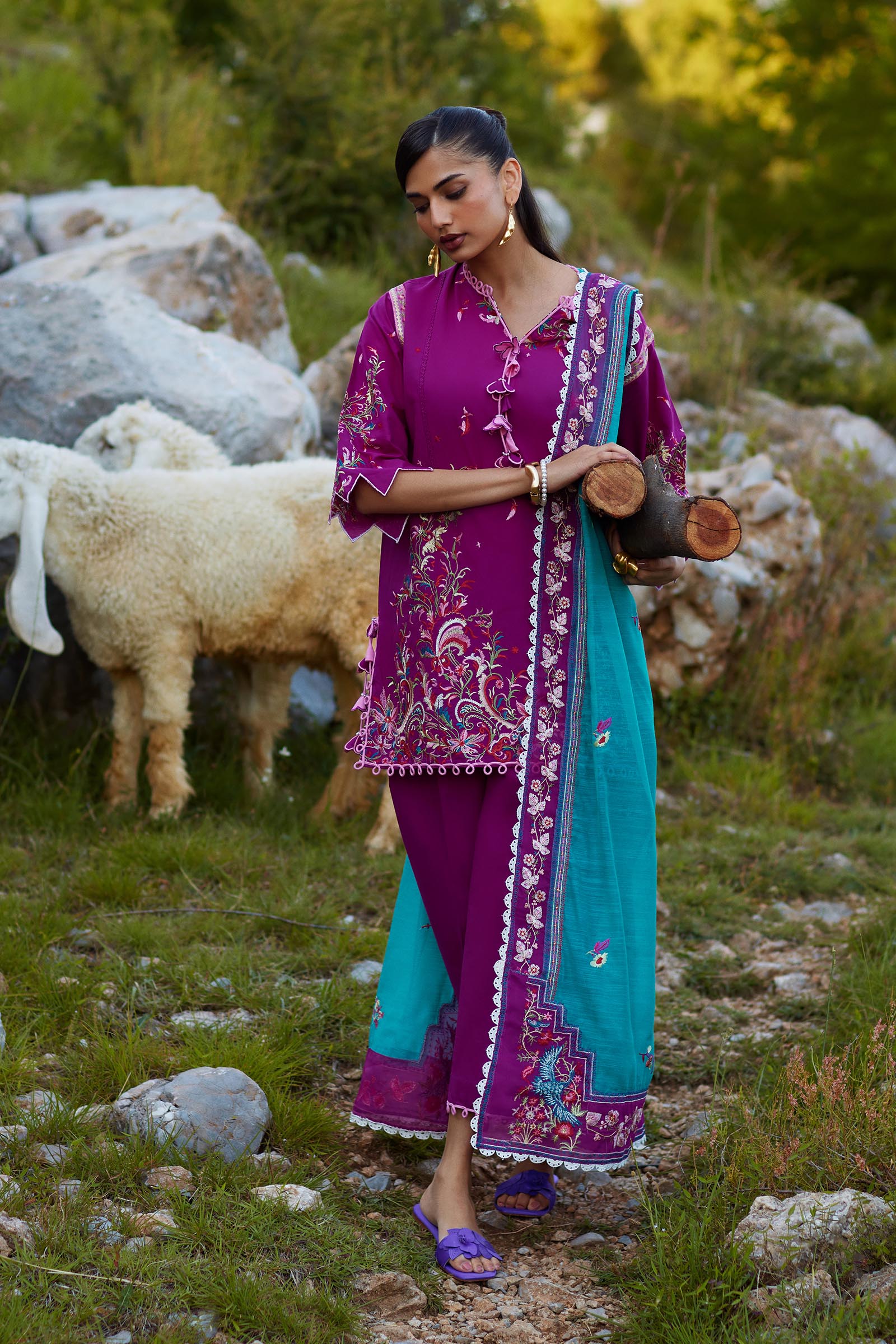 Unstitched Embroidered 3 Piece Muzlin Suit Secondary image
