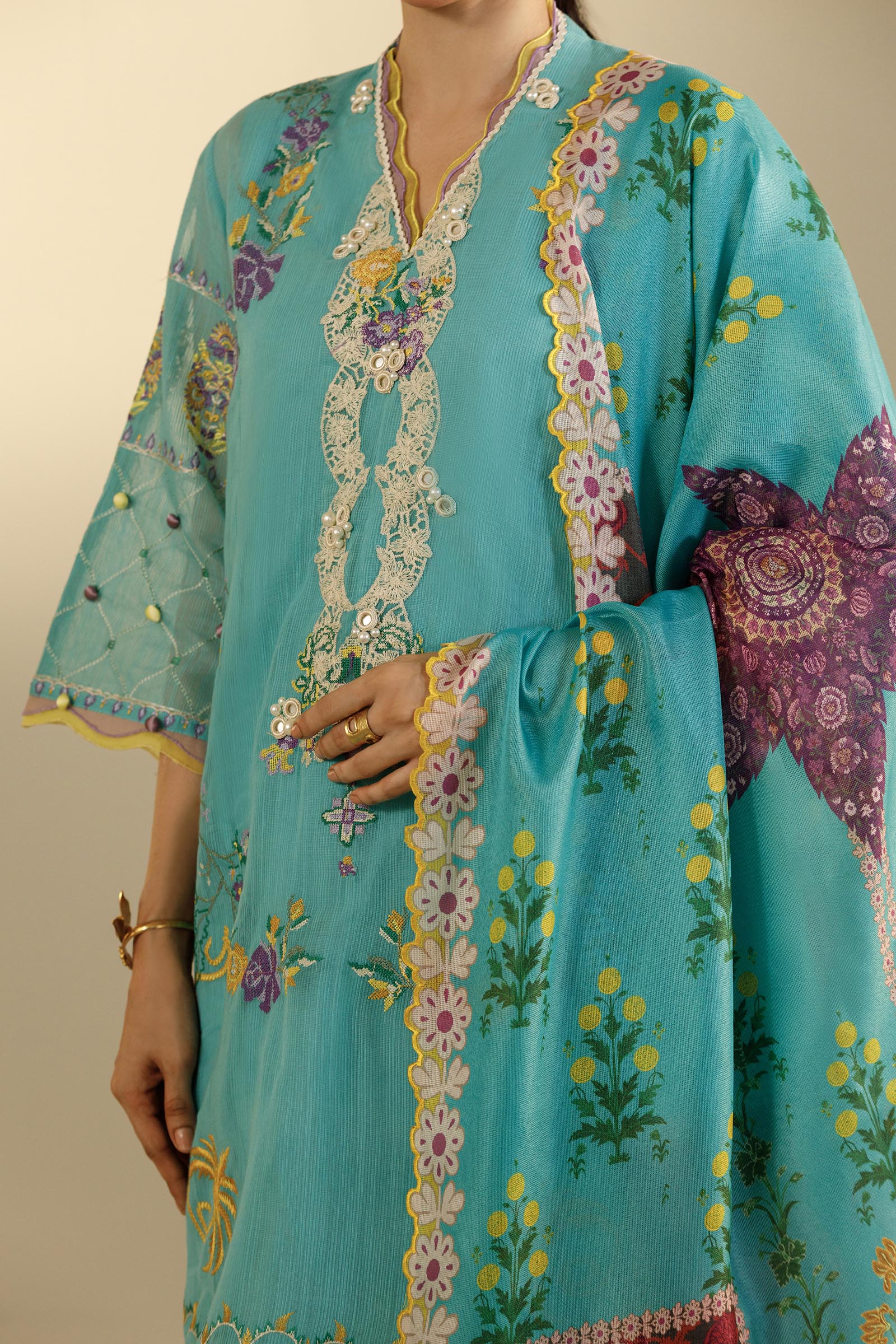 Unstitched Embroidered 3 Piece Muzlin Suit Secondary image