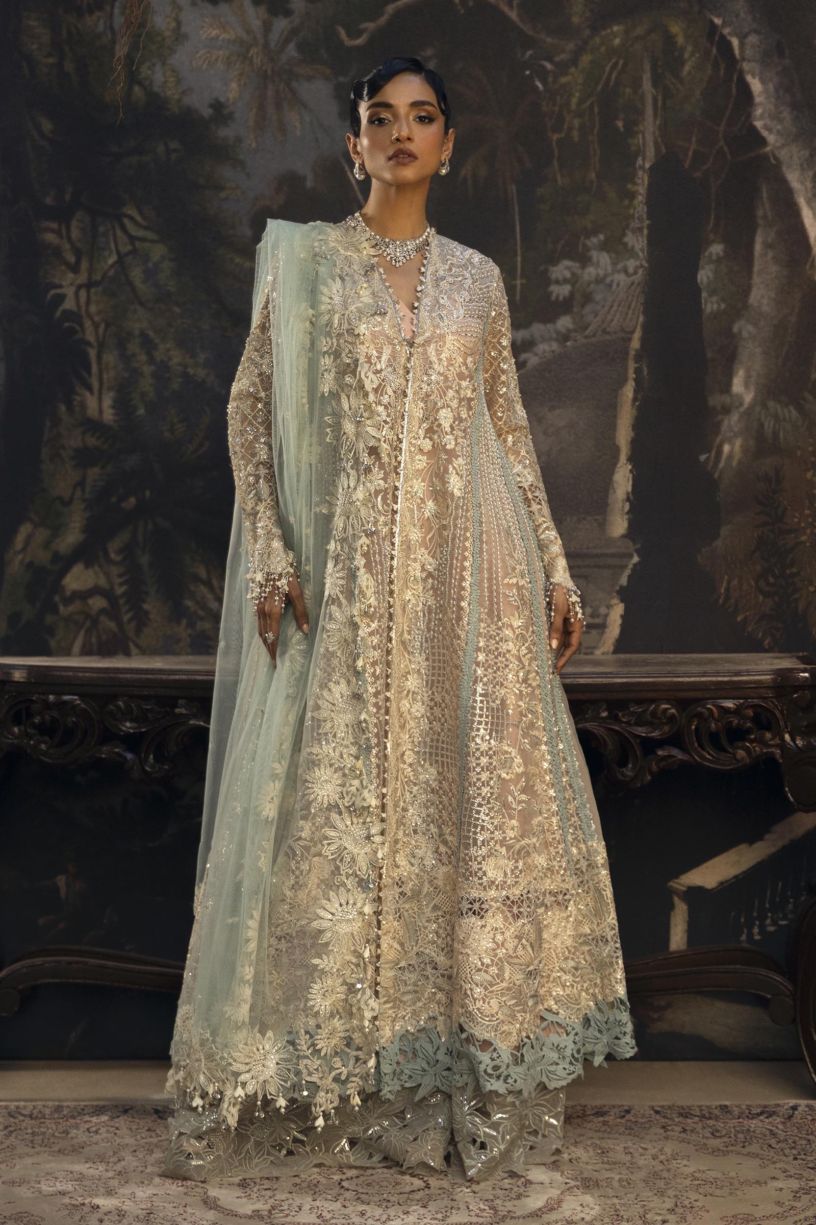 Stitched Luxury Embroidered Front Open Organza Suit