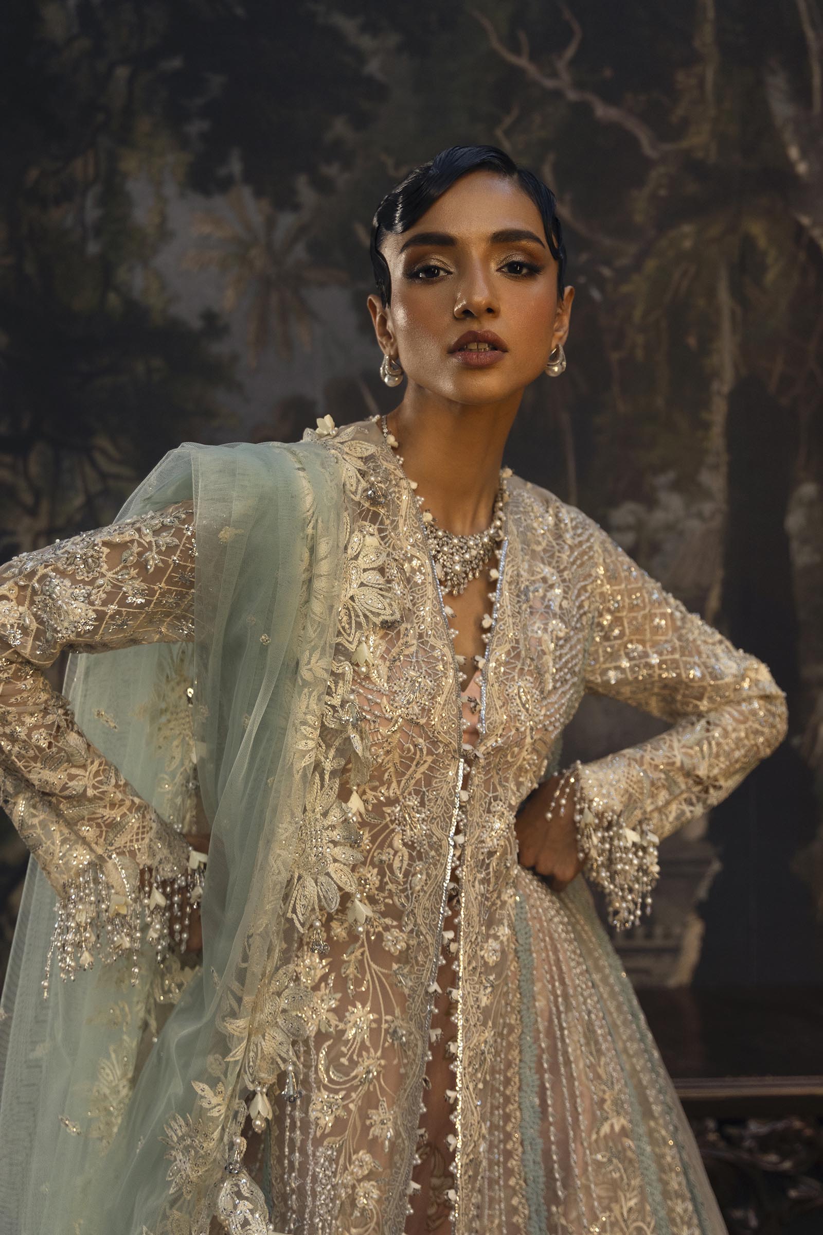 Stitched Luxury Embroidered Front Open Organza Suit