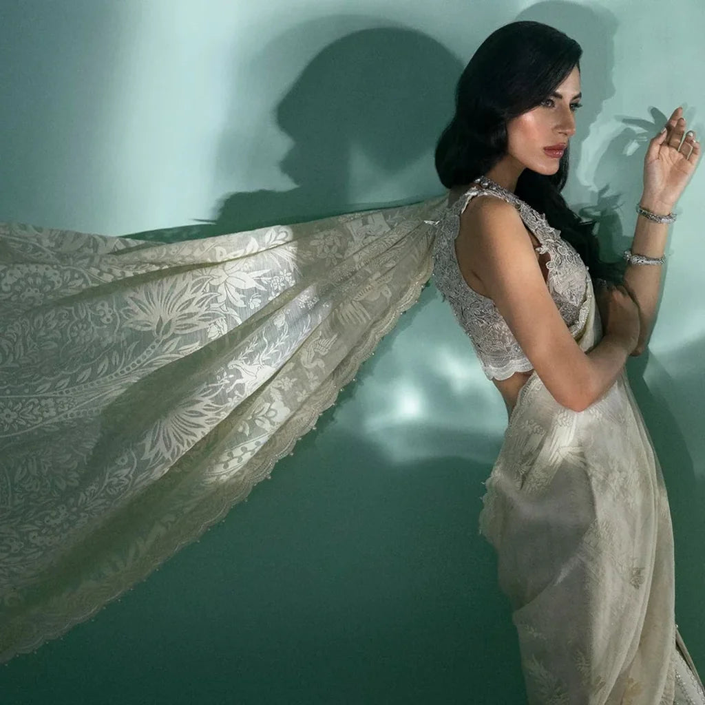 Printed Cream Pant Saree (P-275)