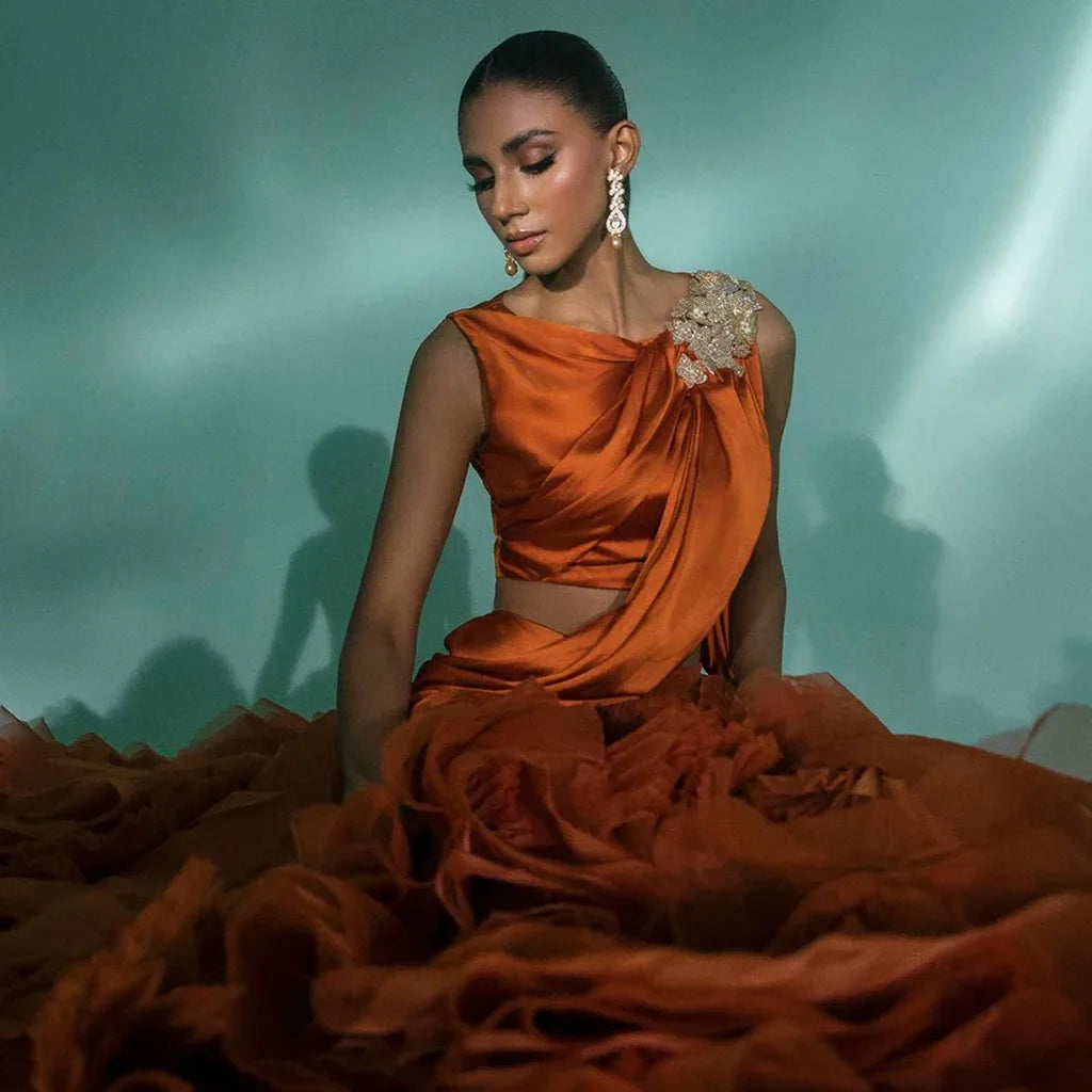 Rust Satin Choli with Frill Lehanga (P-273)