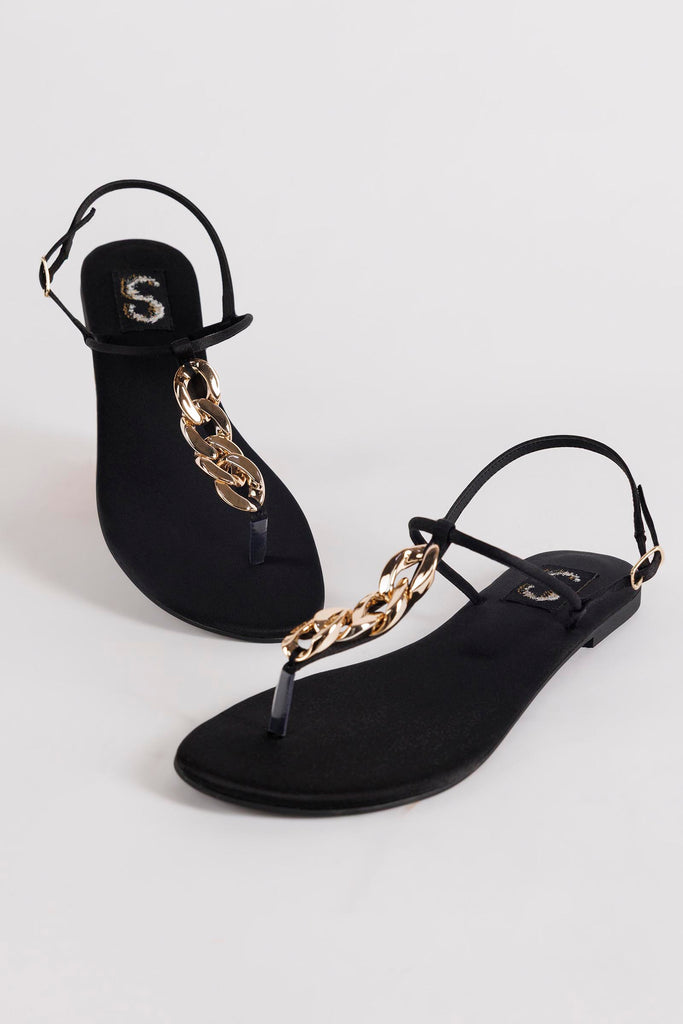 Black Chain Detail Flat Sandals