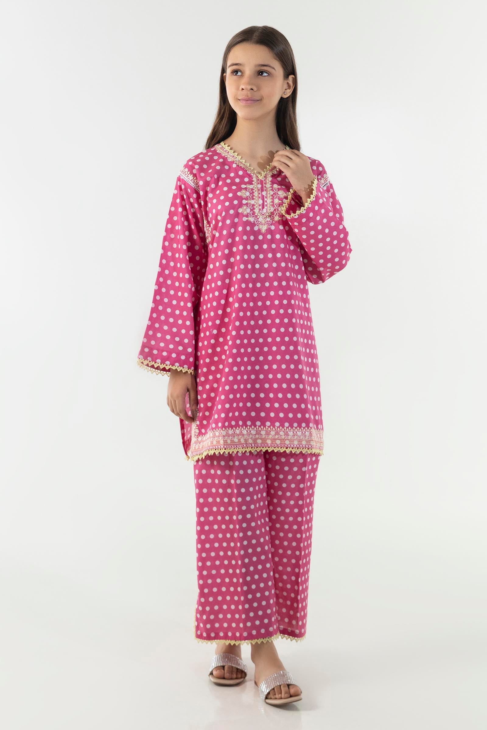 Stitched Kids Pink Embroidered  Shirt + Culotte
