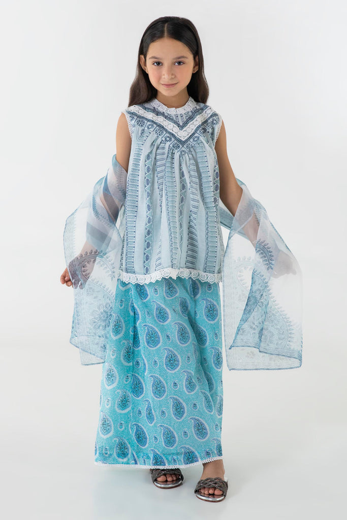 Stitched Kids Blue Embroidered  Shirt + Pant + Dupatta