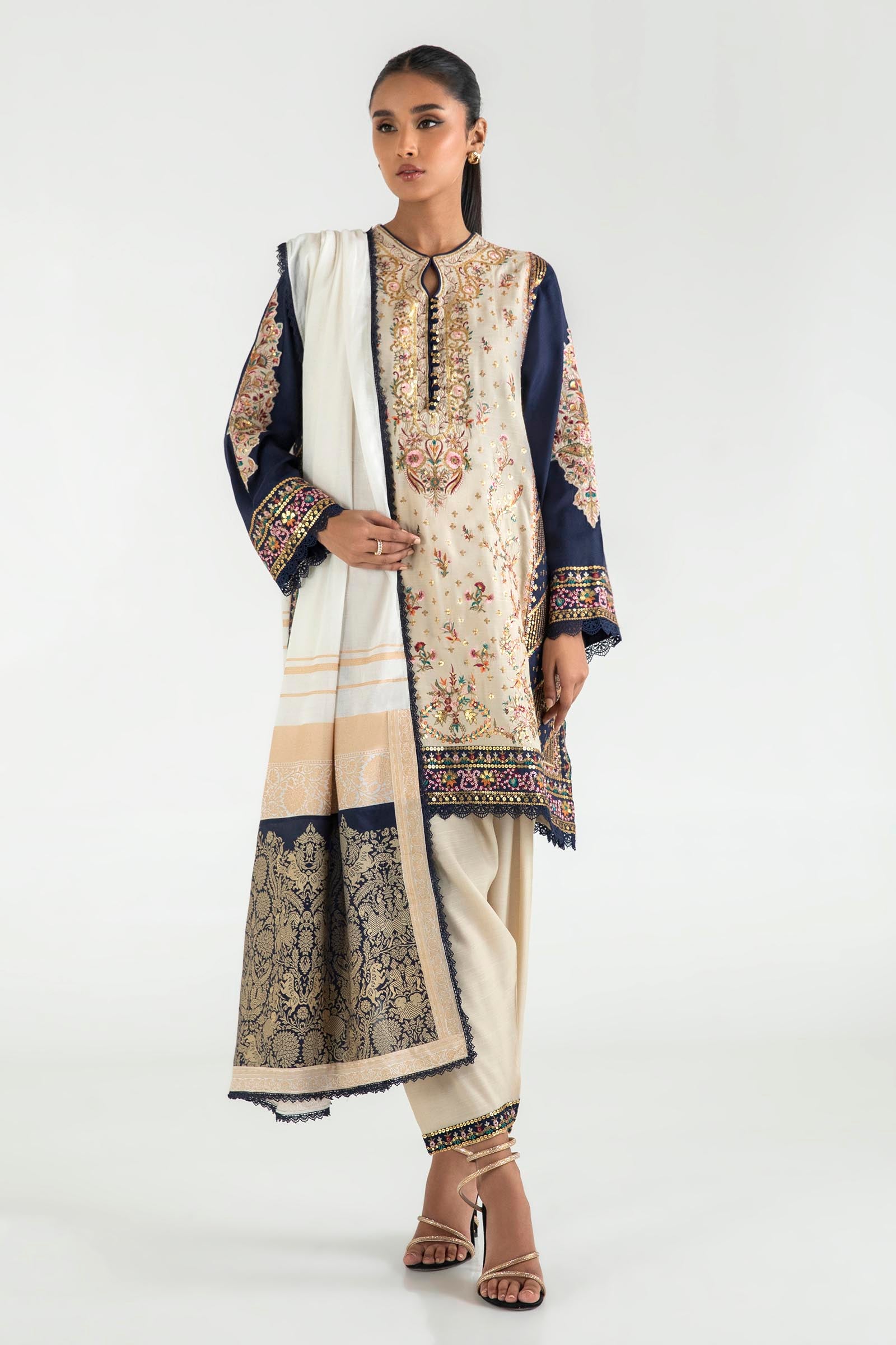 Stitched Navy & Beige Embroidered Shirt Main image