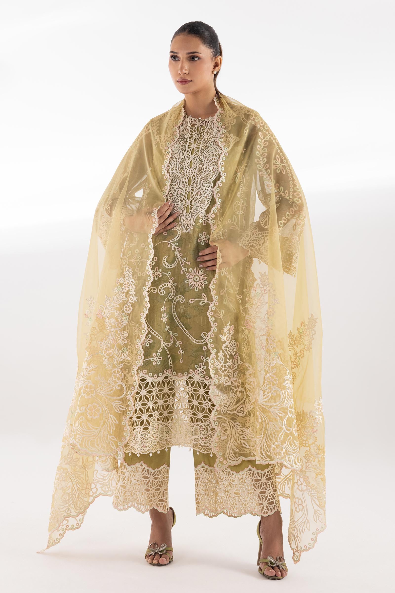 Stitched Embroidered Organza Suit Secondary image