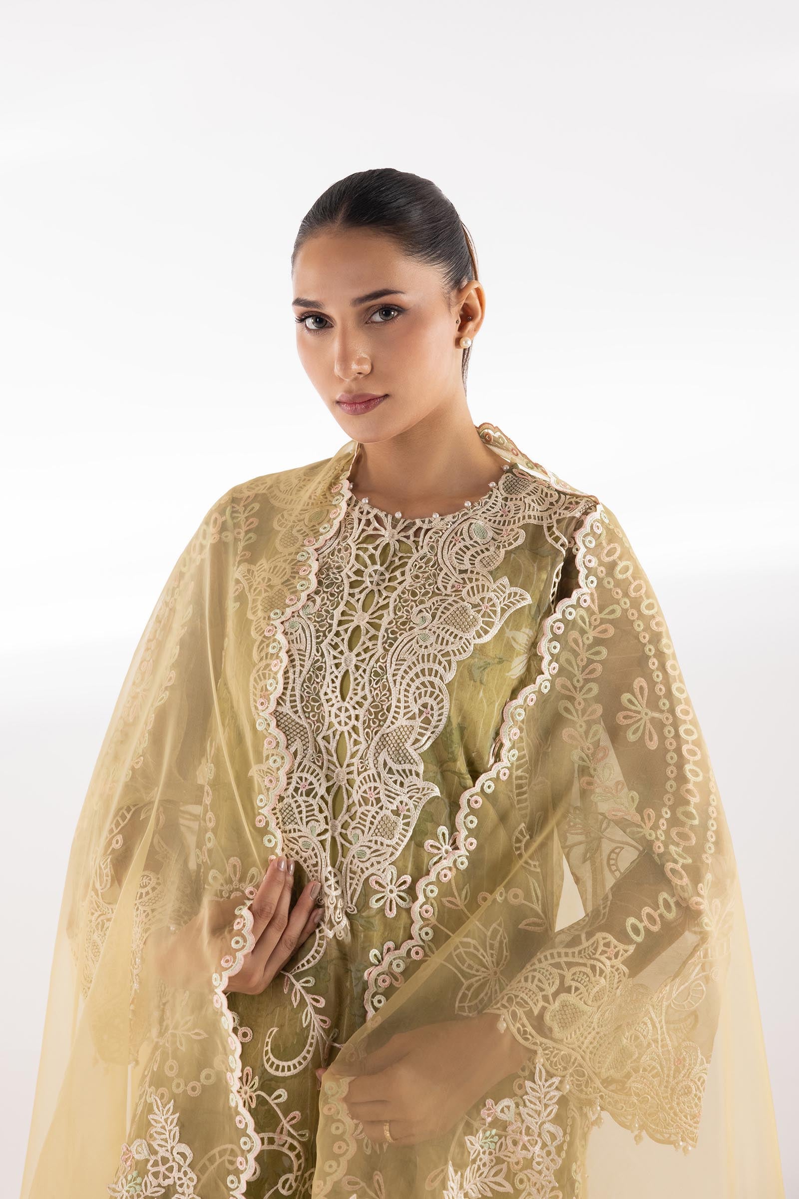 Stitched Embroidered Organza Suit Secondary image