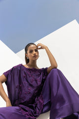 Stitched Formal Embroidered Purple Shirt + Flared Bottom