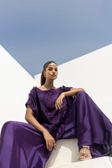 Stitched Formal Embroidered Purple Shirt + Flared Bottom